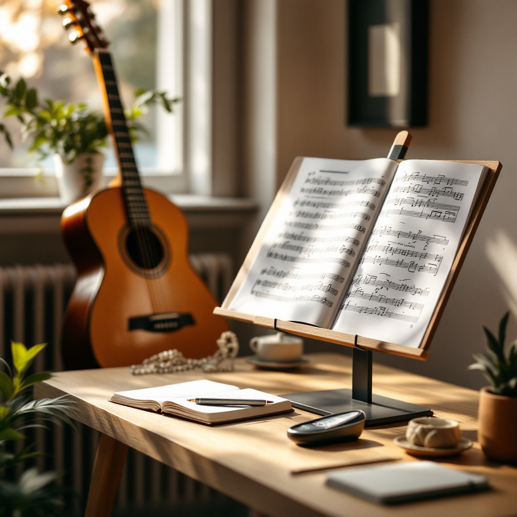 Übeplatz mit Instrument und Metronom zum effektiv üben in kurzer Zeit Musikinstrument