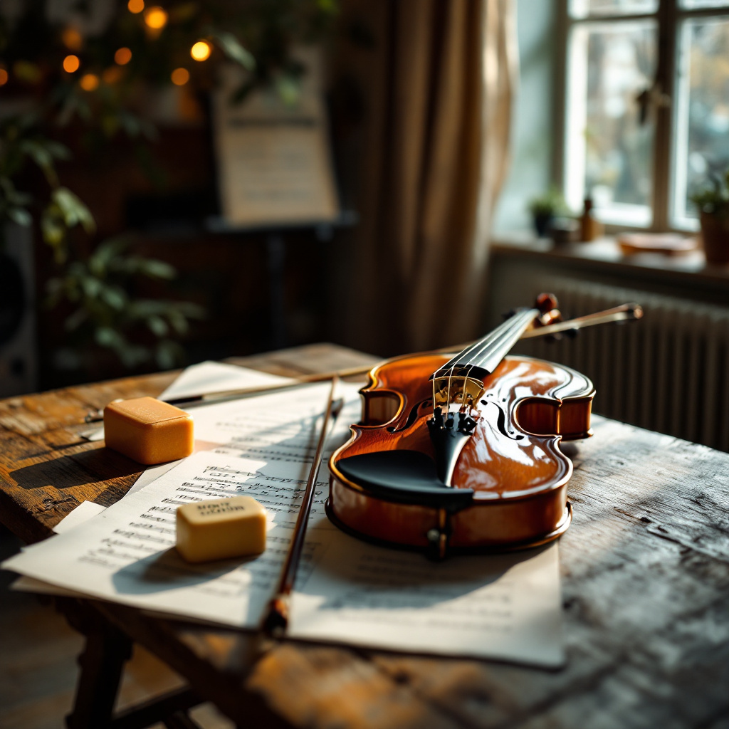 Geige lernen als erwachsener Anfänger: Violine mit Bogen und Noten auf Holztisch