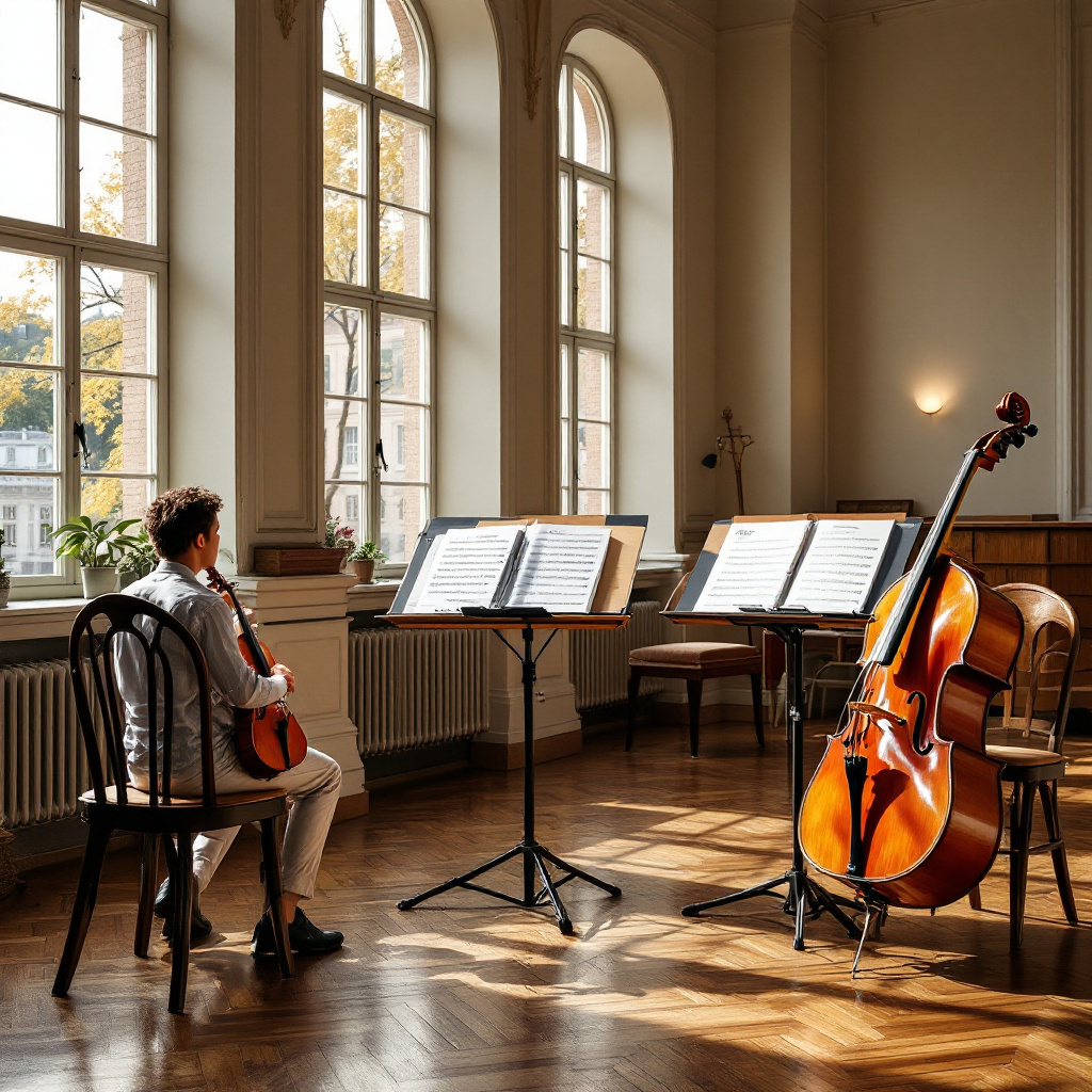 Notenständer und Instrumente im Proberaum – im Ensemble spielen lernen Tipps