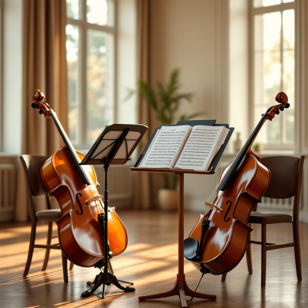 Notenständer mit leichten Stücken für Kammermusik Anfänger in einem hellen Proberaum