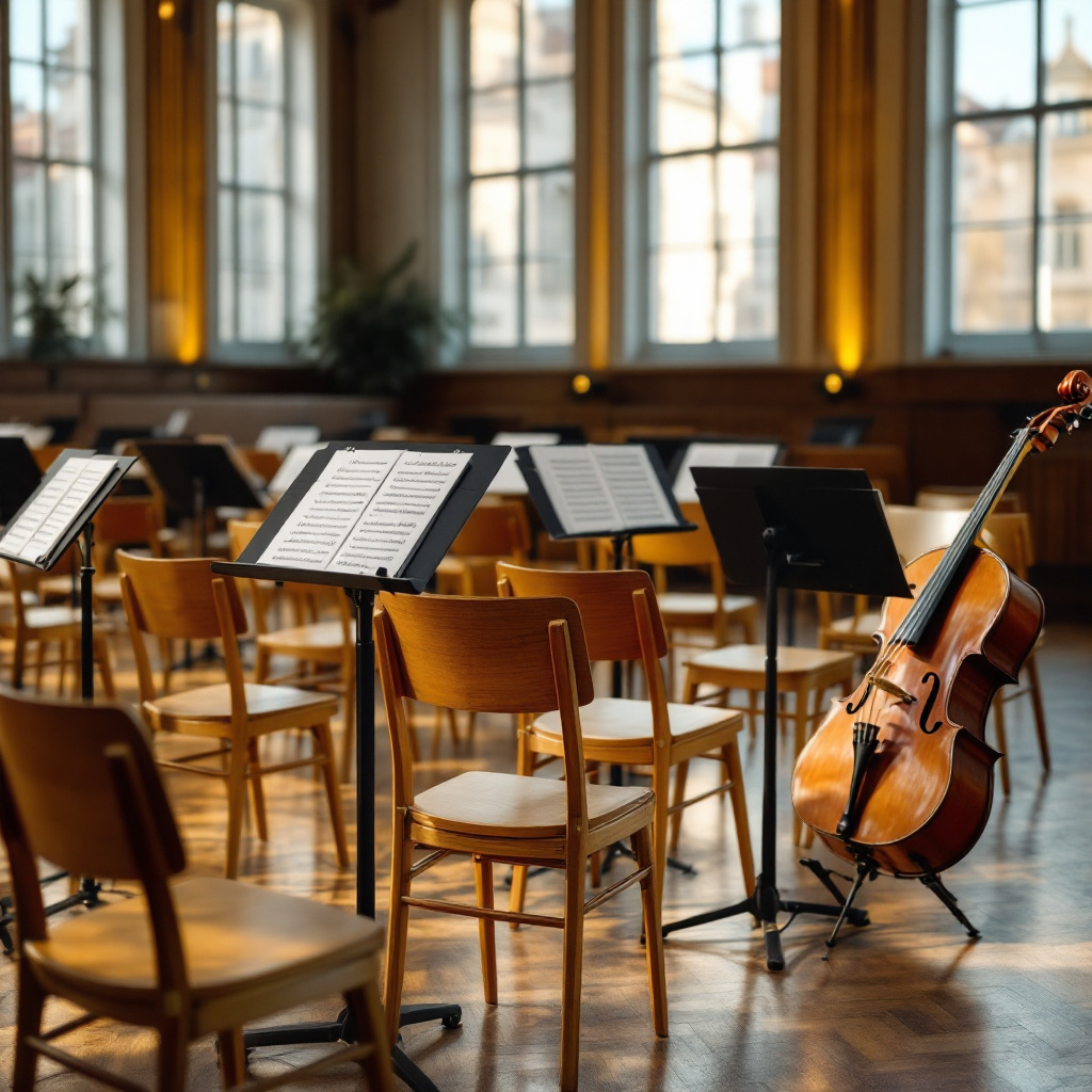 Wie finde ich ein Laienorchester in meiner Nähe – Probenraum mit Notenständern und Instrumenten in Dresden